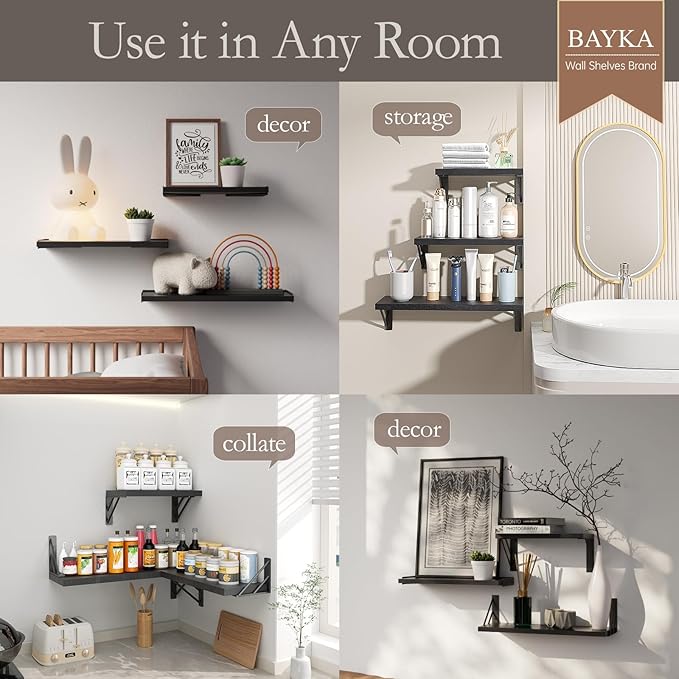 BAYKA Wall Shelves for Bedroom Decor, Floating Wall Shelves for Living Room Kitchen Storage, Mounted Rustic Wood Floating Shelves for Kids Books, Corner Shelves for Bathroom, Office(Set of 3)