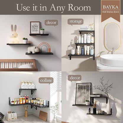 BAYKA Wall Mounted Floating Shelves, Wood Floating Wall Shelf for Books & Decor, Small Space-Saving Display & Organizer（Black，Set of 4）