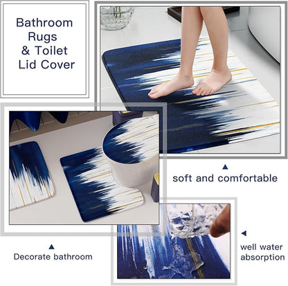 32PC Bathroom Sets with Shower Curtain and Rugs-Navy Blue Bathroom Accessories,Non Slip Bathroom Rugs Set with Toilet Lid Cover, Waterproof Shower Curtain, 3PC Soap Dispenser with Trash Can