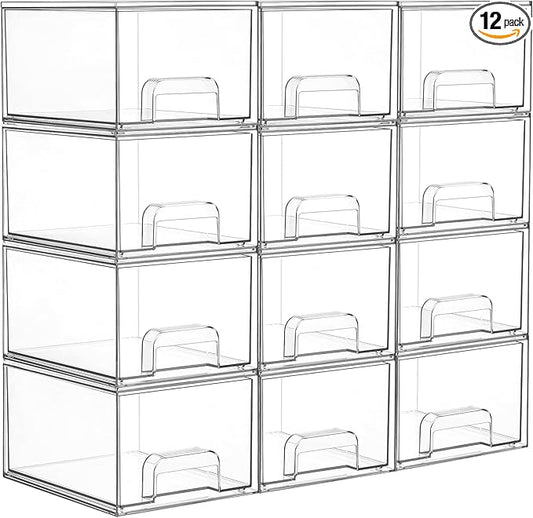 Vtopmart 12 Pack Clear Small Stackable Storage Drawers,Acrylic Bathroom Makeup Organizer,Plastic Storage Bins For Vanity, Undersink, Kitchen Cabinets, Pantry, Home Organization