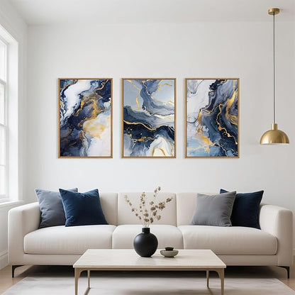 Blue and Gold Framed Canvas Wall Art Set, Mid-Century Modern Abstract Wall Decor, Navy Blue Ink Wash Painting, Neutral Art Print for Living Room, Bedroom, Dining Room, Office - 16"x24"x3