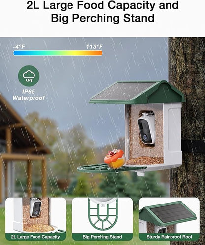 Bird Feeder with Camera-2K Live Video, Solar-Powered, Smart AI Identify Birds, 2L Food Capacity, Arrived Alerts, Bird Videos Storage, Mini Hummingbird Feeder for Watching Birds Outdoor