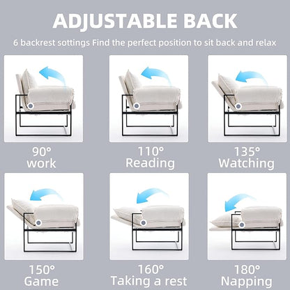 YISHENG Accent Chair with 6-Angle Adjustable Backrest, Chenille Fabric Living Room Chair Upholstered Lounge Chair, Modern Chair Cozy Reclining Chair for Reading Room, 1PC White