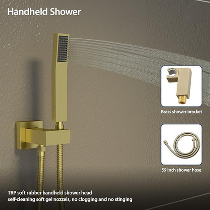 Sarlai Shower Faucet Set Bathroom Square Rainfall Shower Head and Handle Combo Wall Mounted Shower Faucet with Valve 10 Inch Shower Head Trim Systems Gold Brushed