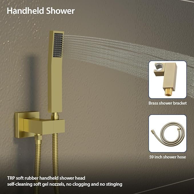 Sarlai Shower System Bathroom Faucet Set Square Rainfall Shower Head and Handle Combo Wall Mounted Shower Faucet with Valve 12 Inch Shower Head Trim Systems Gold Brushed