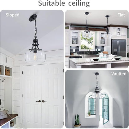 WUZUPS Chandelier Rustic Farmhouse Industrial Round Ceiling Pendant LED Light Fixture with Clear Glass Shades for Dining Room Kitchen Island Foyer Entryway, H 13" x W 10", E26 Base, Black