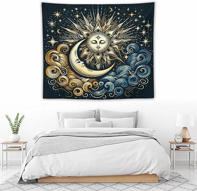 HZOHNAGO Sun Moon Tapestry Boho Golden Stars Pattern Printed Wall Tapestry Wall Hanging for Bedroom Living Room Dorm 60" W x 50" H