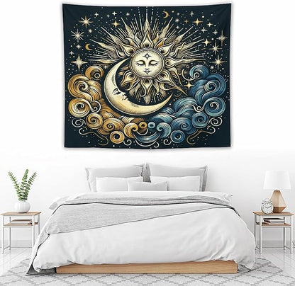 HZOHNAGO Sun Moon Tapestry Boho Golden Stars Pattern Printed Wall Tapestry Wall Hanging for Bedroom Living Room Dorm 60" W x 50" H