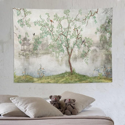 HZOHNAGO Japanese Tapestry Tree Misty Garden Lake Printed Wall Tapestry Ink Painting Wall Hanging for Bedroom Living Room Dorm 80" W x 60" H