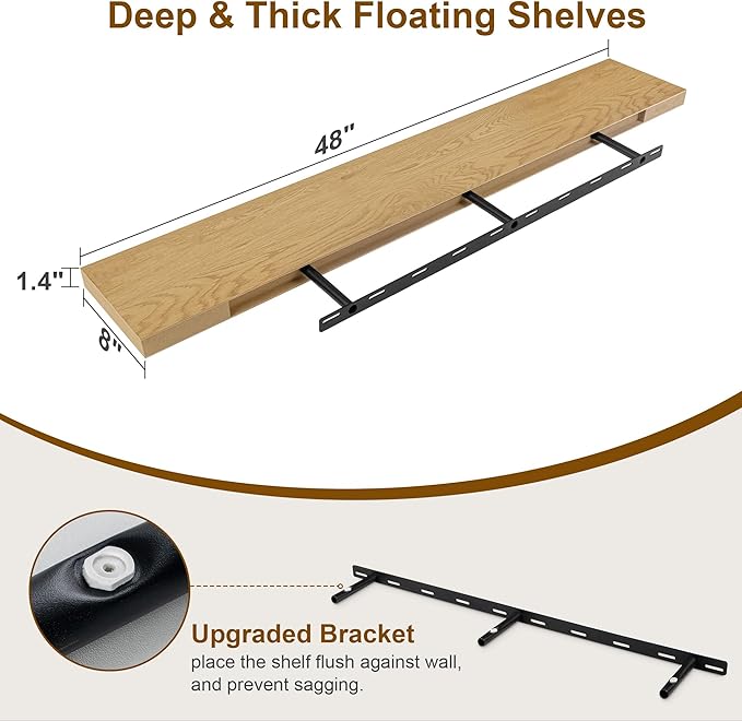 Fun Memories Floating Shelves, 8 Inch Deep Floating Shelves, Rustic Wood Fireplace Mantel 48 in Long, 48 x 8 Floating Wall Shelves for Living Room, Kitchen, Bedroom, Oak Color, 1 Pack