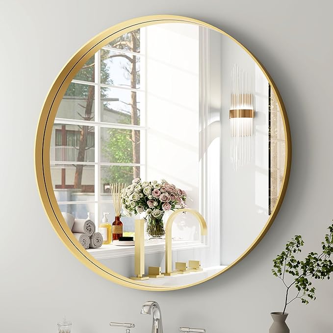 30 Inch Round Bathroom Mirror - Wall Mounted Circle Mirror with Metal Frame, Modern Mirror Suitable for Bathroom, Vanity, Entryway, Living Room, Wall Decor,Gold