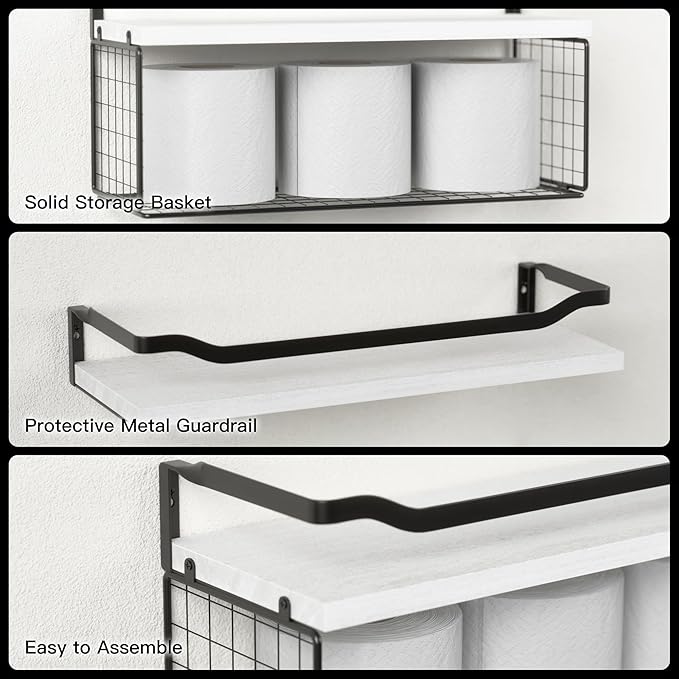 WOPITUES Floating Shelves with Wire Storage Basket, Bathroom Shelves Over Toilet with Protective Metal Guardrail, Wood Wall Shelves for Bathroom Organizers and Storage, Toilet Paper-White