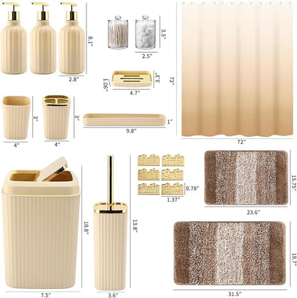 32PCS Bathroom Set Bathroom Sets with Shower Curtain and Rugs Beige Bathroom Accessories,Shower Curtain Set,Bathroom Rug Set with Bathroom Trash Can