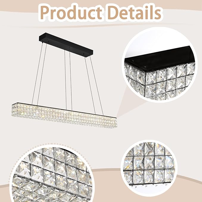 W48 Black Chandeliers for Dining Room, Modern Crystal Pendant Lights Fixture Farmhouse Hanging Dining Light Fixtures for Kitchen Island, Living Room, Bedroom