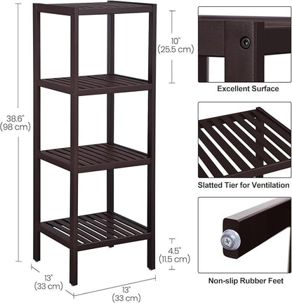 SONGMICS Bamboo Storage Shelf, 4-Tier Shelving Unit, Multifunctional, in the Entryway, Bathroom, Living Room, Balcony, Kitchen, 13 x 13 x 38.6 Inches, Brown UBCB54C