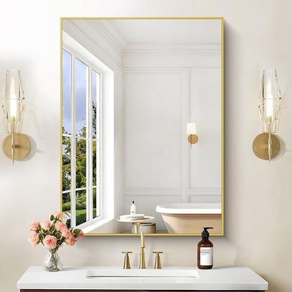 30x40In Gold Bathroom Mirror for Wall, Brushed Gold Rectangle Mirrors with Metal Frame, Bathroom Rectangular Mirror Modern Wall Mirror for Bedroom Living Room, Hangs Horizontal or Vertical