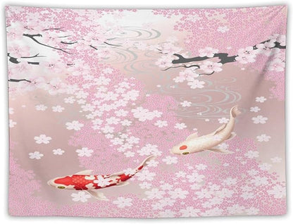 Houselerax Japanese Koi Fish Tapestry, Cherry Blossoms Asian Oriental Pink Flower Branch Koi Fish Carp Tapestries Wall Hanging for Bedroom Living Room Office Decor 80"x60"