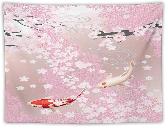 Houselerax Japanese Koi Fish Tapestry, Cherry Blossoms Asian Oriental Pink Flower Branch Koi Fish Carp Tapestries Wall Hanging for Bedroom Living Room Office Decor 60"x40"