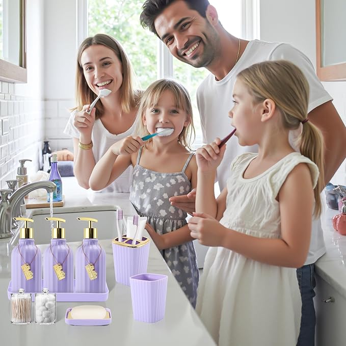 20PC Bathroom Accessory Set Bathroom Accessories Set Purple Bathroom Set, Shower Curtain Set, 2 Piece Bath Towel Set, 3PC Soap Dispenser, Toilet Brush & Trash Can