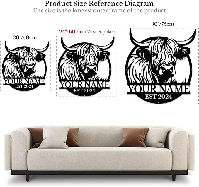 Personalized Highland Cow Name metal Signs,Custom Highland Cow Metal Shed Wall Decor,Black Metal Wall Art Plaques Outdoor wall Decorative Signage (Style F)