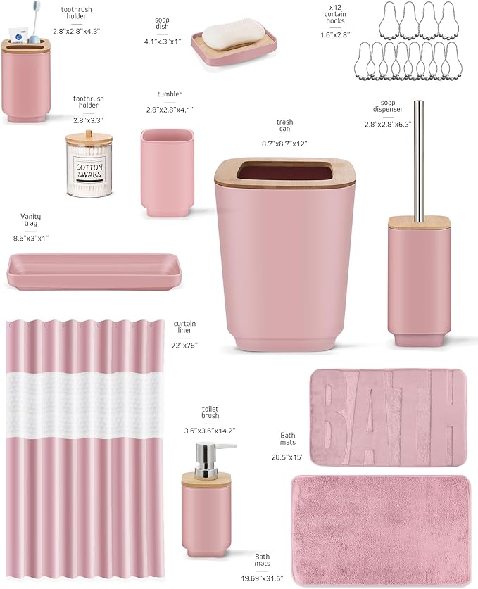 Bathroom Accessories Set,Pink Bathroom Set,24 Pieces Bathroom Accessory Set with Shower Curtain,Trash Can for Bathroom Accessories Décor and Home Gifts