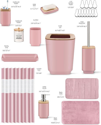 Bathroom Accessories Set,Pink Bathroom Set,24 Pieces Bathroom Accessory Set with Shower Curtain,Trash Can for Bathroom Accessories Décor and Home Gifts