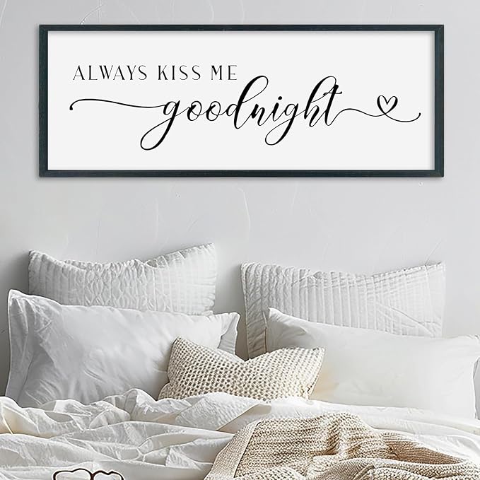 SRSZHIYUE Always Kiss Me Goodnight Sign Wall Decor Art for Master Bedroom Above Bed 32"×12" Large Wood Framed Wall Hanging (Black)