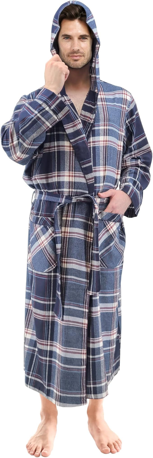 Andrew Scott Mens' Robe with Hoodie| Cotton Flannel Brush Plaid | All Season | Full Length House Robe