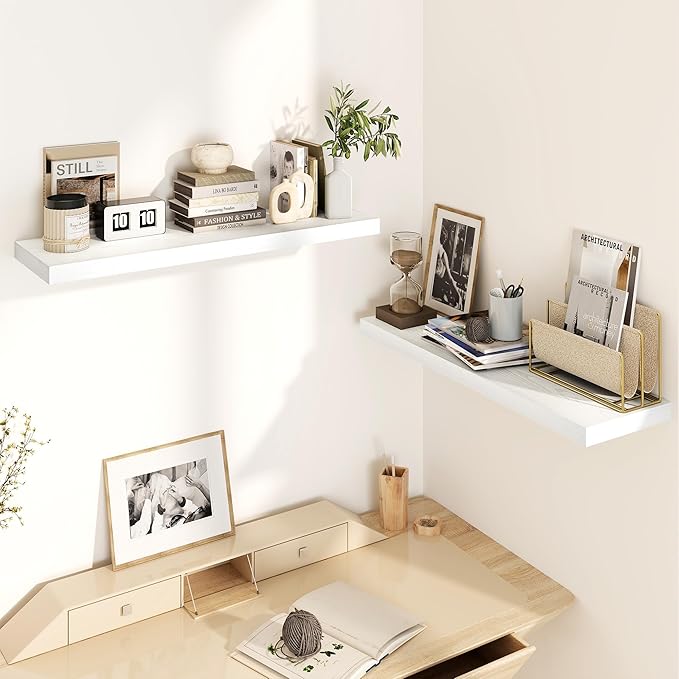 30 Inch Floating Shelves, Rustic Floating Wall Shelves 8 Inch Deep, 30 x 8 Floating Shelves for Home Decor, Deep Display & Storage Shelves for Kitchen, Bathroom, Living Room, White Color, Set of 2