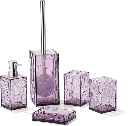 Clear Acrylic Bathroom Accessories Set - Rust-Free, Transparent Design - Includes Soap Dispenser, Toothbrush Holder, Cup, Soap Dish, and Toilet Brush 5-Piece (Lavender Purple)