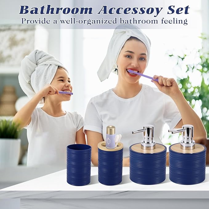 Blue Bathroom Set, Navy Blue Bathroom Accessories Set with Trash Can, 2PCS Soap Dispensers, Soap Dish, Toothbrush Holder, Toothbrush Cup,Toilet Brush, Tray and Qtip Holders for Bathroom Decor