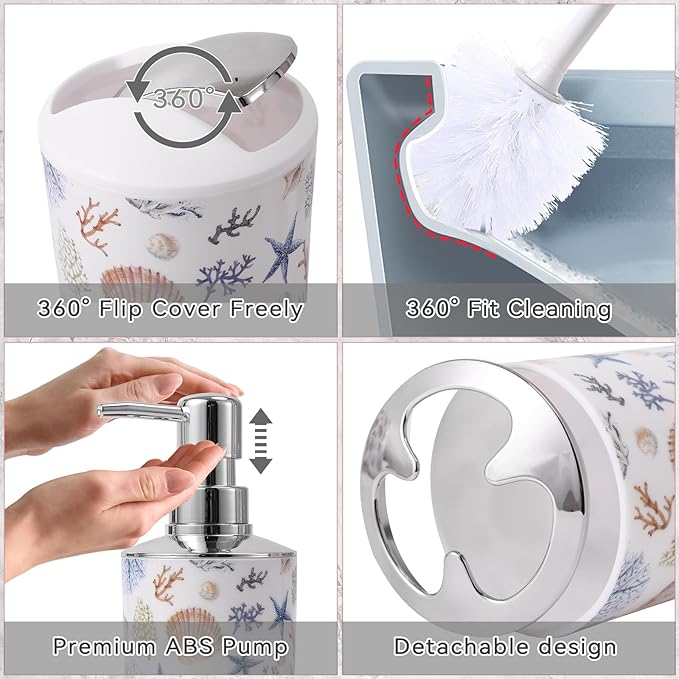 Bathroom Accessories Set Complete with Sea Shower Curtain,10 Piece Bathroom Sets with Toothbrush Holder,Toothbrush Cup,Lotion Soap Dispenser,Soap Dish,Toilet Brush,Trash Can,Qtip Holder