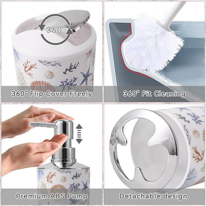 Bathroom Accessories Set Complete with Sea Shower Curtain,10 Piece Bathroom Sets with Toothbrush Holder,Toothbrush Cup,Lotion Soap Dispenser,Soap Dish,Toilet Brush,Trash Can,Qtip Holder