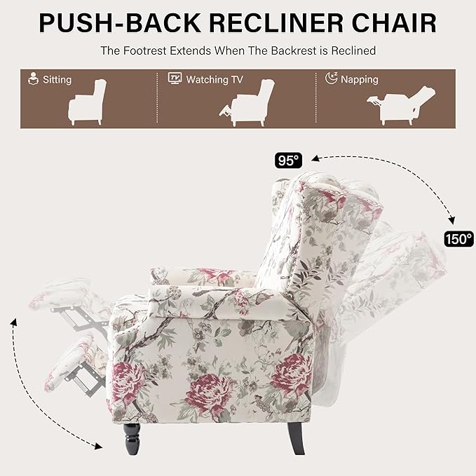 UIXE Pushback Recliner Chair, Fabric Upholstered Armchair Push Back Accent Chair for Living Room, Rivet Trim Home Theater Single Sofa Bedroom Reading Seat with Footrest - Beige Floral