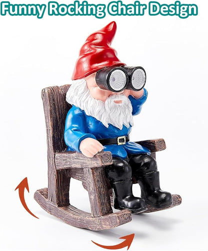Solar Garden Gnome Statues Resin Gnome Figurines Sitting on Rocking Chair Outdoor Telescope Gnome Gifts for Yard, Patio Decor Gift