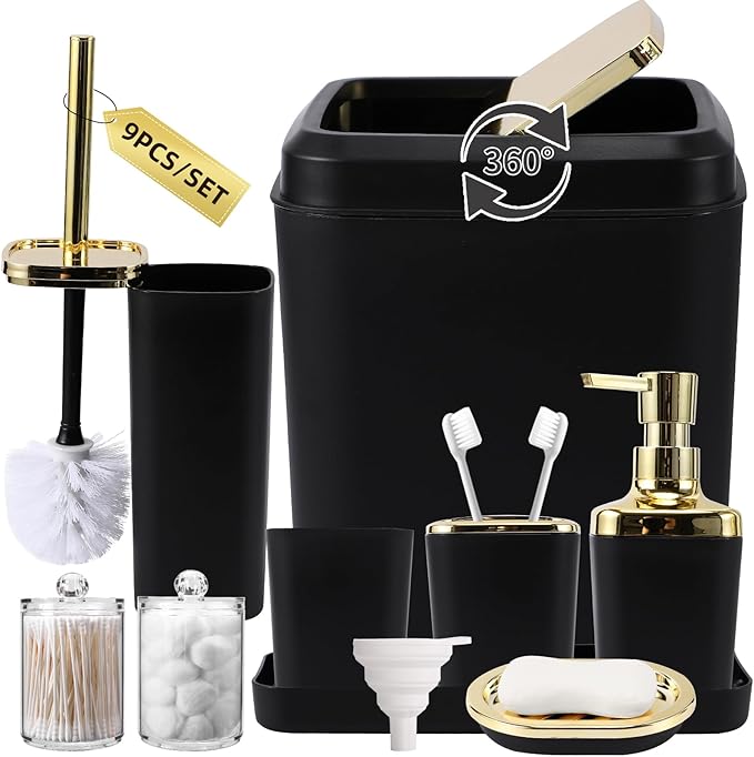 Black Bathroom Accessories Set, Black and Gold Bathroom Accessories with Trash Can, Tray, Soap Dispenser, Soap Dish, Toothbrush Holder, Toothbrush Cup,Toilet Brush and Qtip Holders