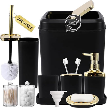 Black Bathroom Accessories Set, Black and Gold Bathroom Accessories with Trash Can, Tray, Soap Dispenser, Soap Dish, Toothbrush Holder, Toothbrush Cup,Toilet Brush and Qtip Holders