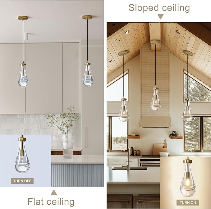 Raindrop Pendant Lights Set of 3, Pendant Lights Kitchen Island 3 Pack, Teardrop Glass Pendant Lights for Bedroom Bathroom, Island Lights, Chandelier for Living Room Hallway, Bulb Included