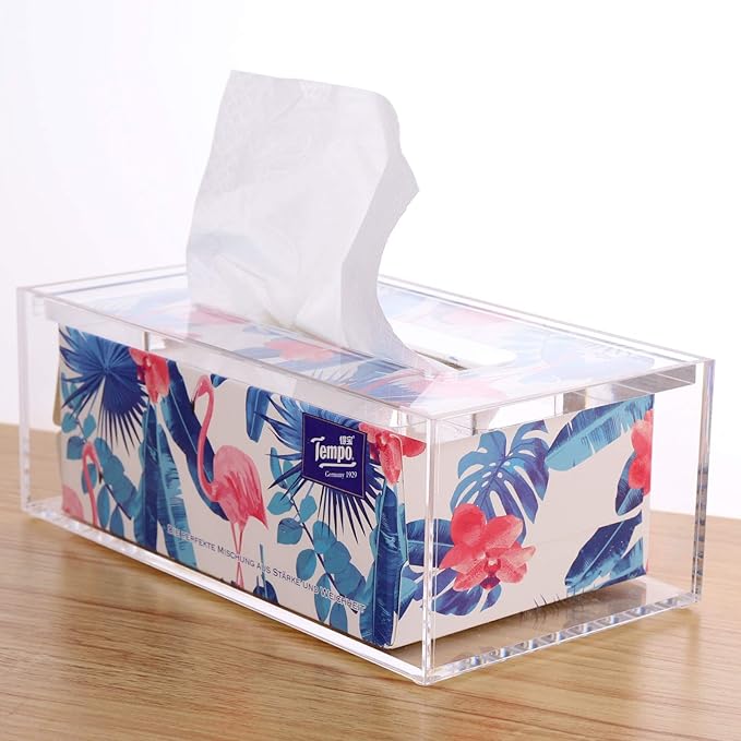 SANRUI Clear Acrylic Facial Tissue Box Cover Holder with 8mm Top Lid Rectangle Napkin Dispenser Organizer for Bathroom, Kitchen and Office Desk