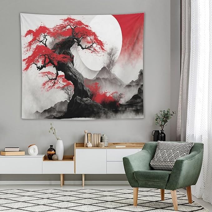 Cherry Blossoms Tapestry,Japanese Red Landscape Asian Watercolor Abstract Art Tapestry,Japanese Wall Tapestry, Nature Landscape Tapestries for Bedroom Living Room Decor 60"x50"