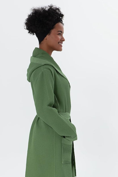 Women’s Luxury Waffle Shawl Collar, Hooded Robe w Piping – Lightweight, Long, Ultra Soft Spa Sleepwear Bathrobe