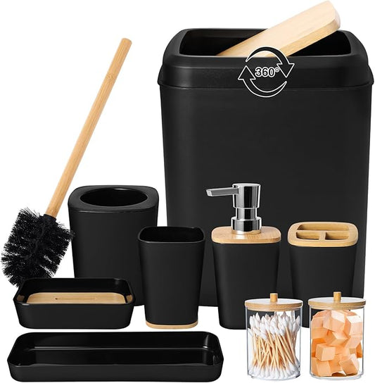 Bathroom Set Black Bathroom Trash Can, 9 Piece Bathroom Decor Toothbrush Holder, Cup, Lotion Dispenser, Tray, Soap Dish, Toilet Brush, Qtip Holder