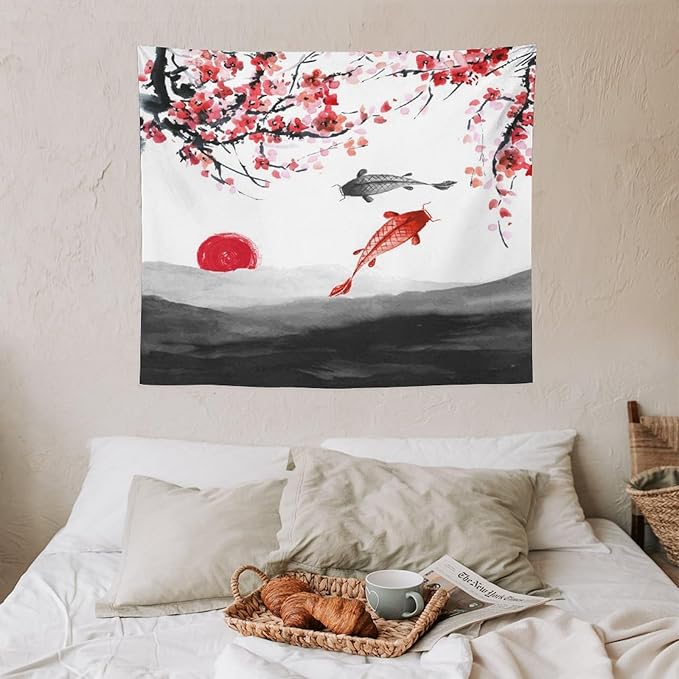 Houselerax Japanese Koi Fish Tapestries, Cherry Blossoms Asian Oriental Flower Branch Koi Fish Carp Tapestry Wall Hanging for Bedroom Living Room Office Decor 60"x50"