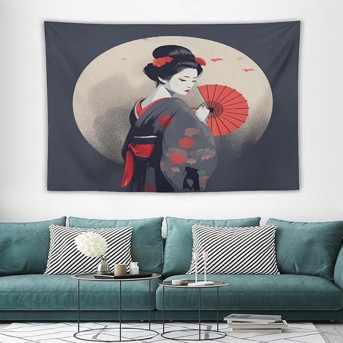 Japanese Woman Geisha Tapestry Asian Red Cherry Blossom Red Sun Traditional Kimono Folk Tapestries Home Decor for Living Room Bedroom Apartment Farmhouse Dorm 60"x40"