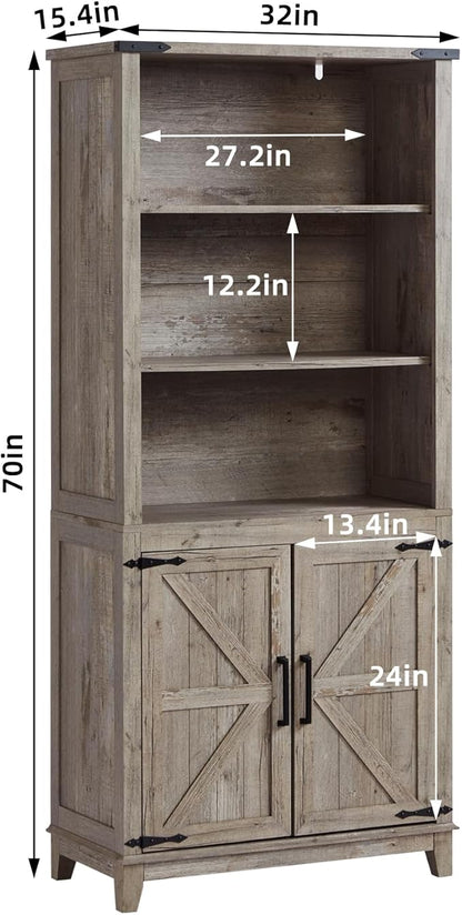 70in Tall Bookshelf 5 Tier Bookcase with Barn Doors and Adjustable Shelves, Grey Farmhouse Book Shelf with Storage Cabinet, Wood Freestanding Display Bookshelves for Bedroom, Living Room