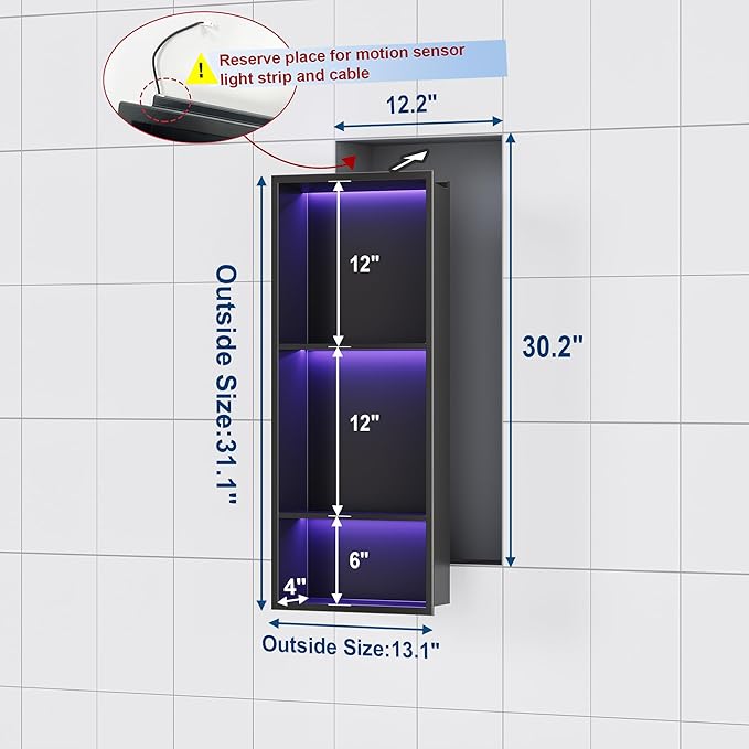 Stainless Steel Shower Niche 12" X 30", No Tile Needed Wall Niche with RGB Led Light, Recessed Shower Shelf for Bathroom Storage Over Mount Installation, Matte Black