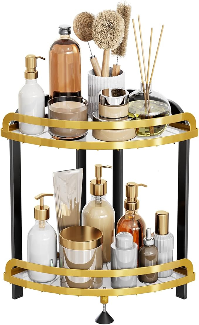2 Tier Bathroom Organizer Countertop XL Corner Shelf, Black Gold Bathroom Counter Organizers, Large Capacity Vanity Shelves, Corner Skincare Makeup Storage, 9''W x 9''L x 13.78''H