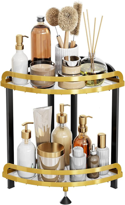 2 Tier Bathroom Organizer Countertop XL Corner Shelf, Black Gold Bathroom Counter Organizers, Large Capacity Vanity Shelves, Corner Skincare Makeup Storage, 9''W x 9''L x 13.78''H