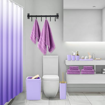 Purple Bathroom Accessories, 24 Pieces Purple and Gold Bathroom Accessories Set with Shower Curtain, Bath Towels, Trash Can, Soap Dispenser and Soap Dish for Bathroom/Housewarming