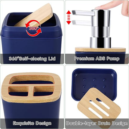 24PCS Bathroom Sets with Shower Curtain and Rugs, Navy Blue Bathroom Accessories Set Navy Blue Shower Curtain Set Bathroom Accessories with Bathroom Trash Can